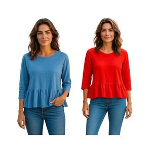 Mersea Slub Knit Cotton Top - Lot Of 2‎ - One Size Blue Red Oversized Nautical